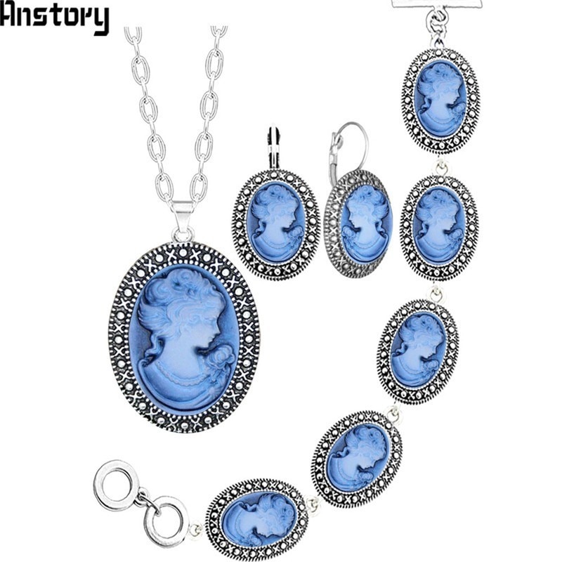 Oval Lady Queen Cameo Jewelry Set Antique Silver P..